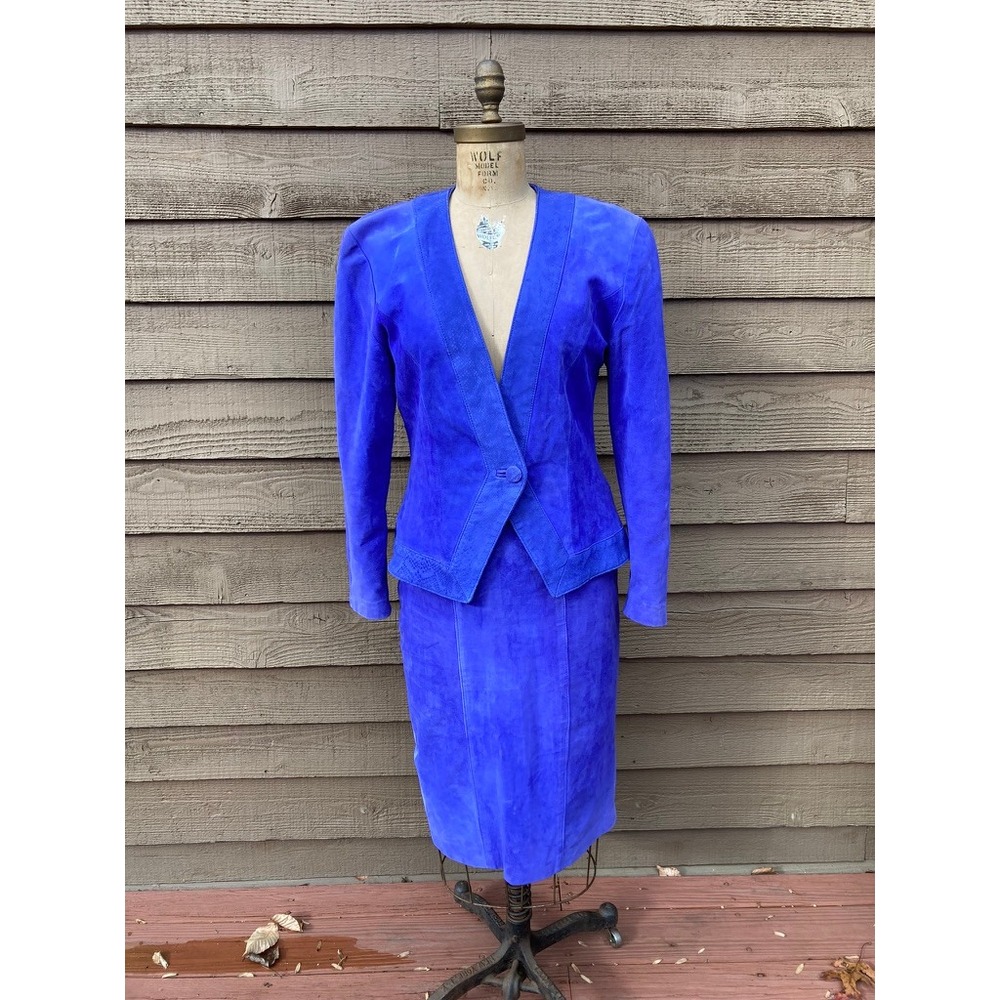 Vintage Danier Cobalt Blue Suede Leather Skirt and Blazer Set Size 10 M Canada